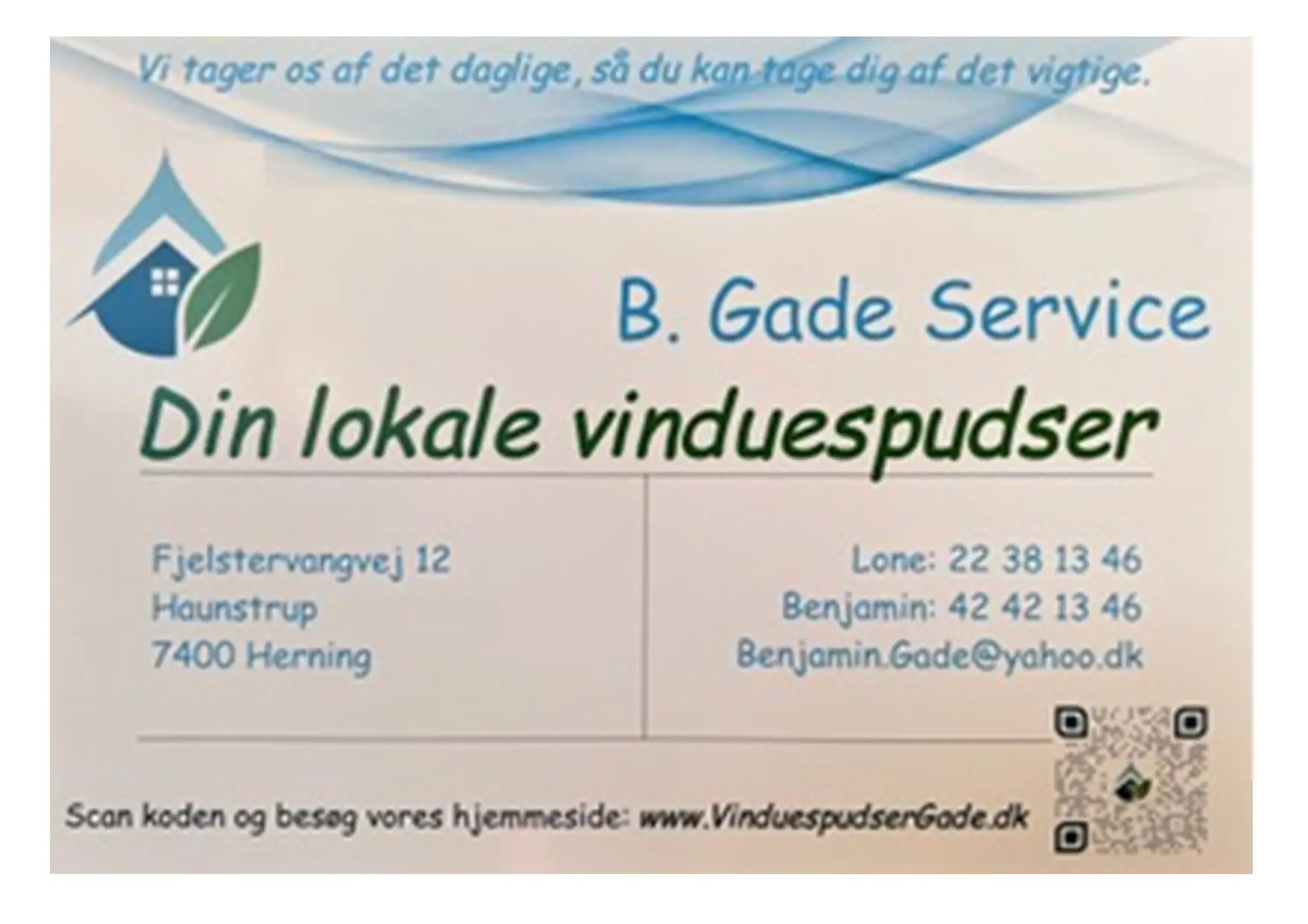 Logo og kontaktoplysninger for B. Gade Service Din lokale vinduespudser