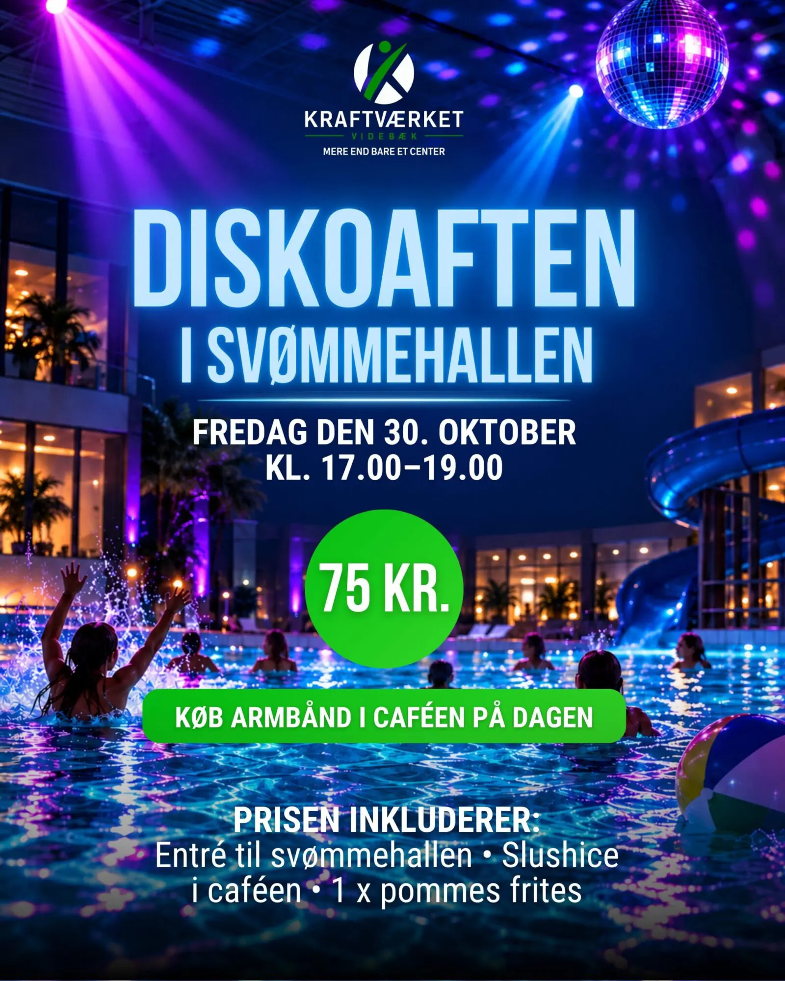 Plakat for diskoaften i svømmehallen med farverigt lysshow, discokugle og glade svømmende gæster