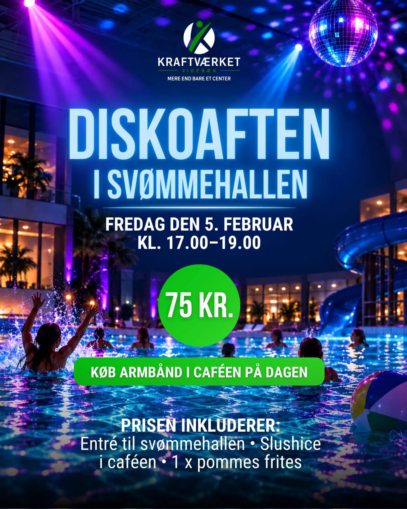 Plakat for diskoaften i svømmehallen hos Kraftværket Videbæk med discokugle, farvet lys og badende i bassinet