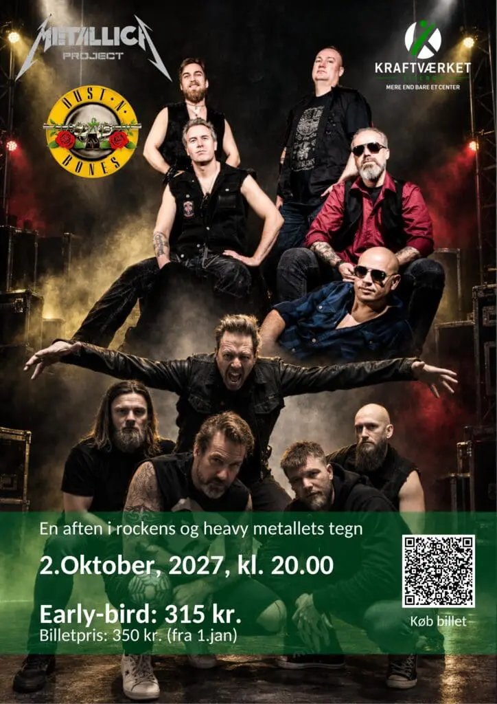Koncertplakat for dobbeltkoncert med tribute-bands Metallica Project og Dust N' Bones i Kraftværket Videbæk