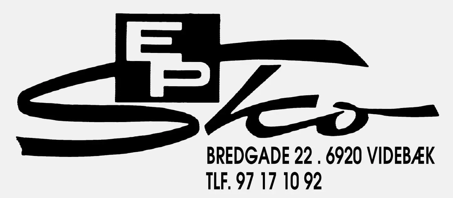 Logo for EP Sko i Videbæk med adresse på Bredgade 22 og telefonnummer