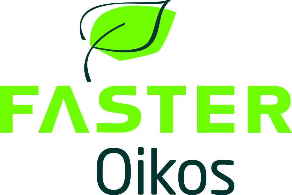 Logo for Faster Oikos med grønt blad og tekst