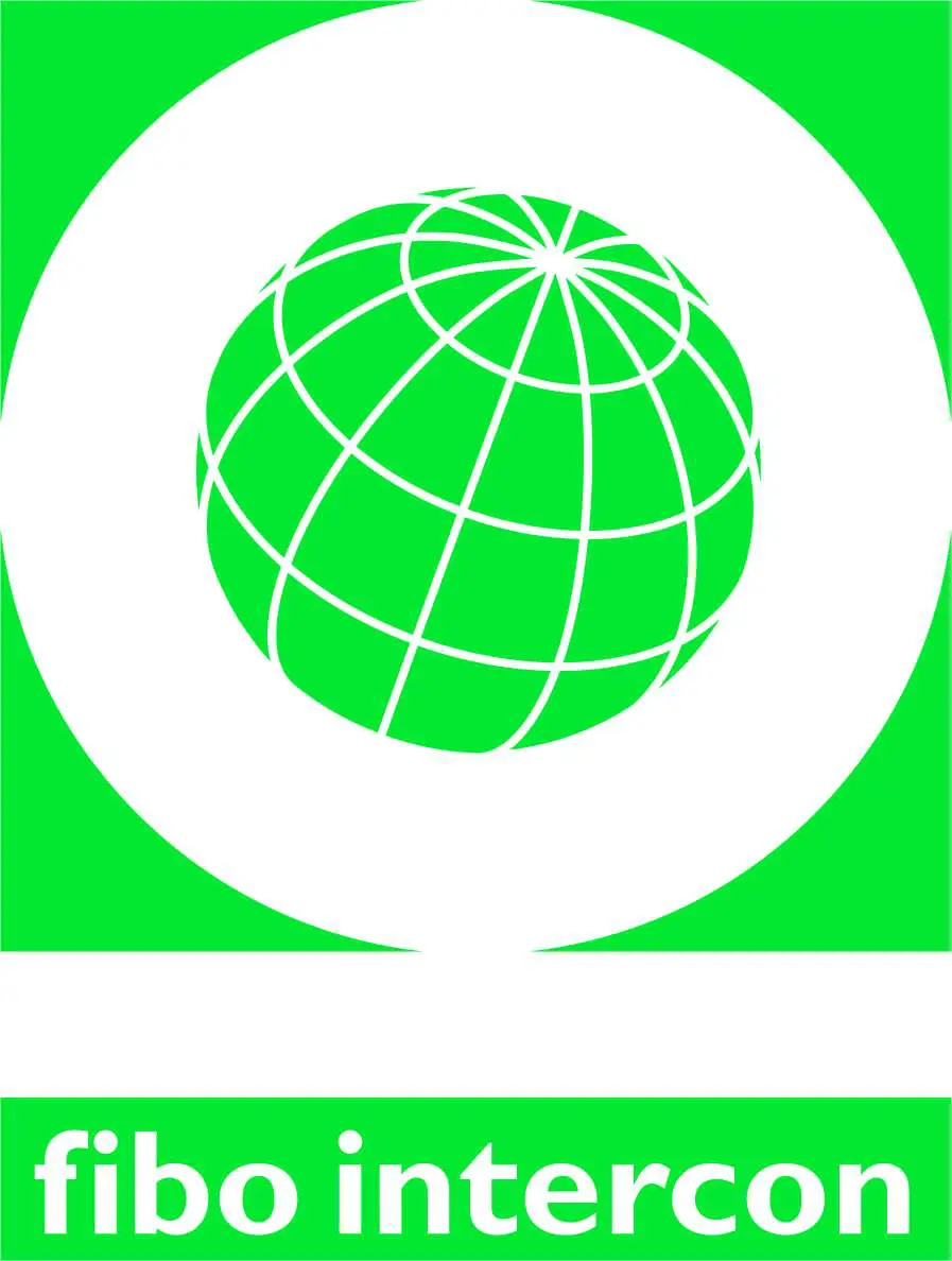 Grønt og hvidt logo for Fibo Intercon med globusikon