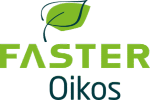 Logo for FasterOikos med grønt blad og tekst i grøn og mørkeblå