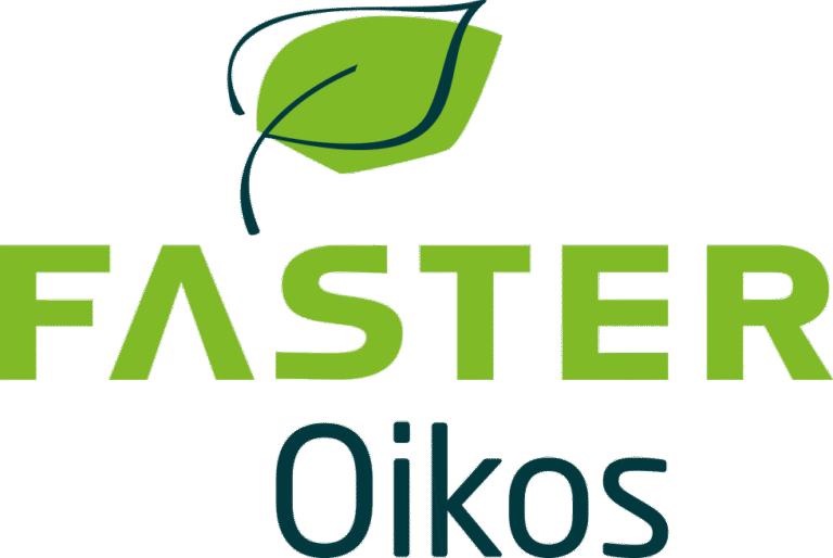 Logo for FasterOikos med grønt blad og tekst i grøn og mørkeblå