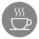 Hvidt ikon af en dampende kaffekop på en grå cirkel