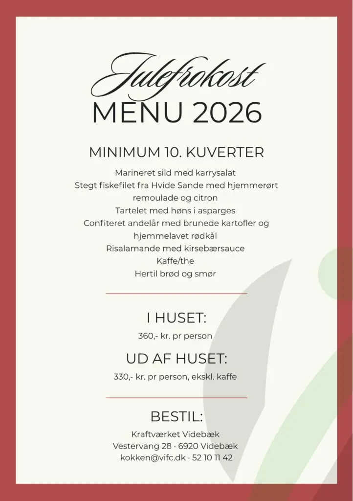 Oversigt over julefrokostmenu 2026 hos Kraftværket Videbæk med retter, priser og bestillingsoplysninger