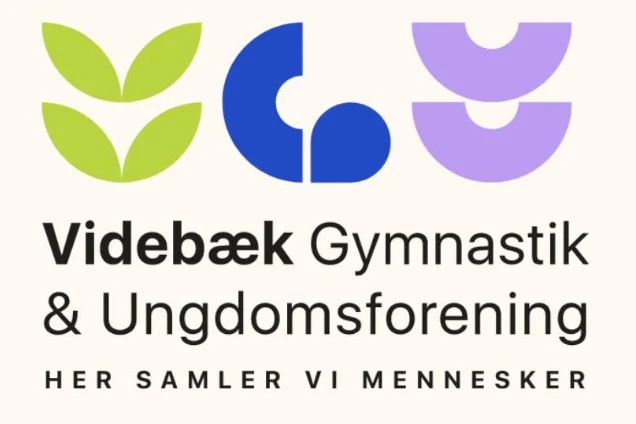 Logo for Videbæk Gymnastik & Ungdomsforening med grafiske ikoner og teksten Her samler vi mennesker